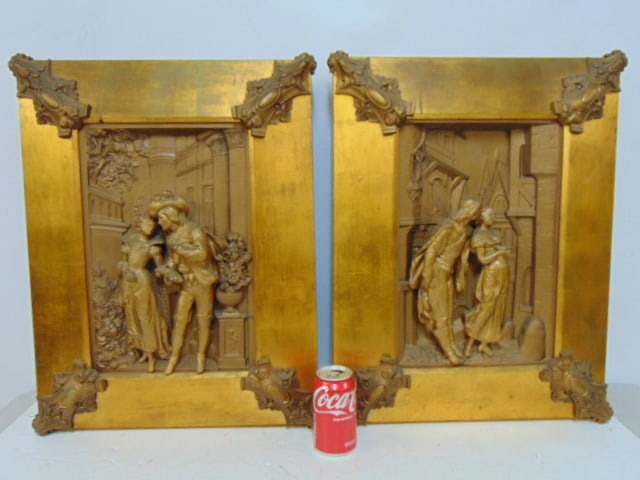 Pair Spelter relief plaques, courting scenes, gold painted, 23.5" by 18.5" (1 of 5)