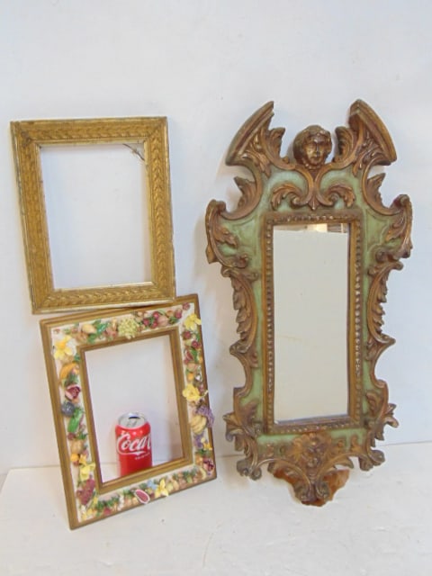 2 decorative frame & Italian style cast plaster mirror, mirror in green & gold paint is 26.5" tall, (1 of 7)