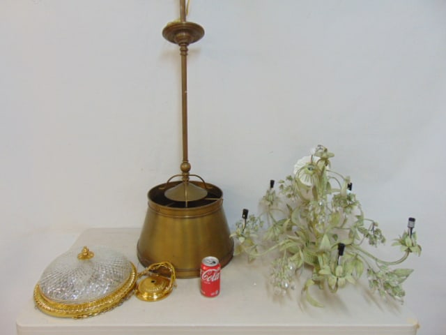 3 ceiling fixtures, bronze Nesle brass & cut glass half dome, 13" in diameter; metal paint decorated (1 of 9)