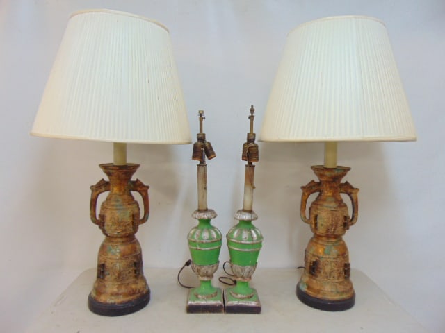 Pair table lamps, pair Asian bronze table lamps with distressed patina &n linen shades, height is (1 of 7)