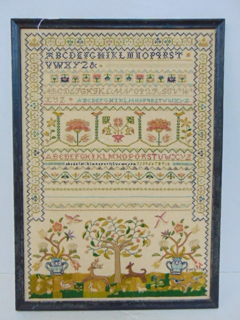 Framed needlepoint, signed "EMS '78", 23.25" by 16.25": Framed needlepoint, signed "EMS '78", 23.25" by 16.25"