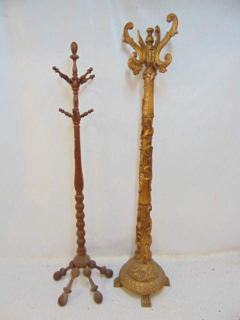 Two coat trees, one in gilt with carved detail, has repair to coat hooks, one hook partially (1 of 5)