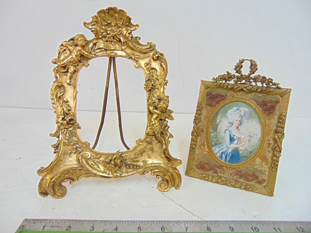 2 small ornate bronze picture frames, one with painted miniature of a lady, signed Lebrun (?), (1 of 9)