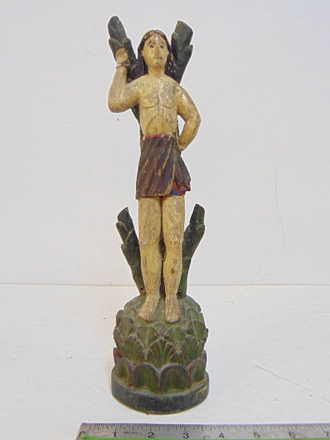 Antique polychrome carved wood figure, St. Sebastian, tied to tree, religious Santos carving is 13" (1 of 4)