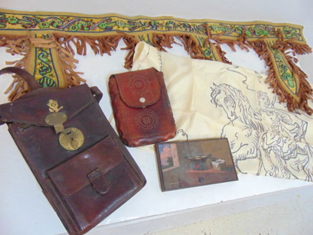 Misc. lot, silk Italian scarf, beaded belt , leather pouches, please see images (1 of 10)