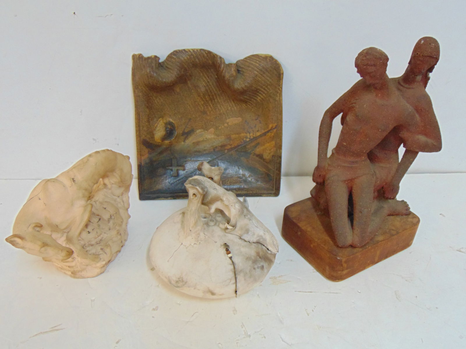 4 studio pottery sculptures, dog on a rock, vessel with hinged skull, jaw (Native American ?) & art (1 of 10)