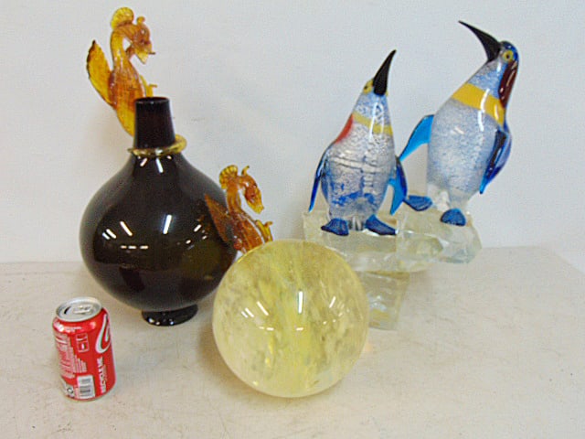 Glass lot, large seahorse decorated vase, penguin sculpture & large glass ball, vase is 18.5" tall, (1 of 8)