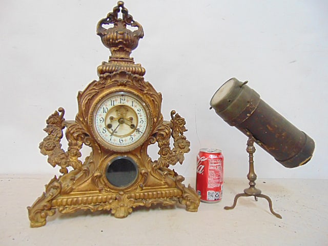 Spelter gold painted mantle clock & early Kaleidoscope, clock has porcelain dial. (1 of 5)