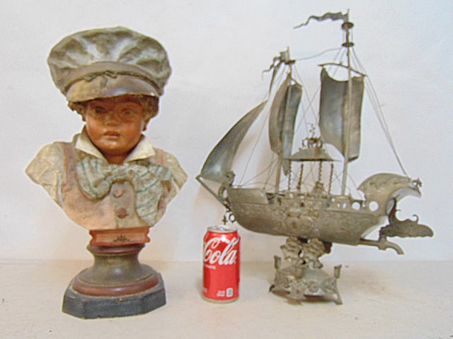 Pewter ship decanter & German terracotta bust of a young boy with cap, bust is 17.75" tall, ship (1 of 9)