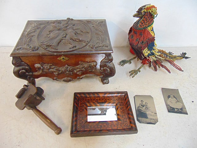 Lot, carved lidded box, folk rattle, beaded glass bird, inlaid folk art frame & 2 small tin types (1 of 6)