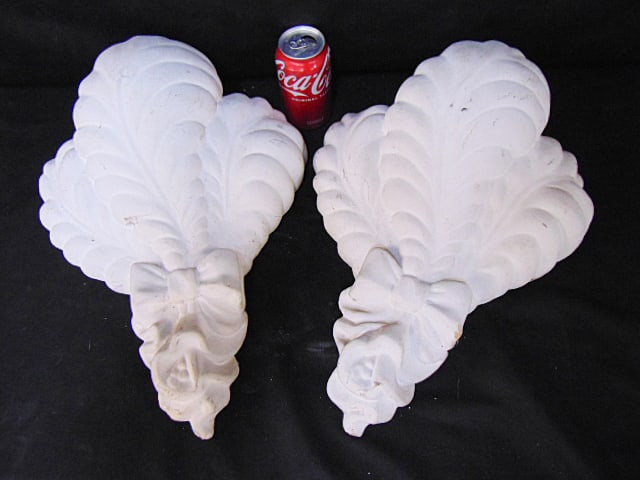 Pair decorative plaster cast wall pocket planters, leaf & ribbon design, 17" tall, 12.5" wide. (1 of 4)