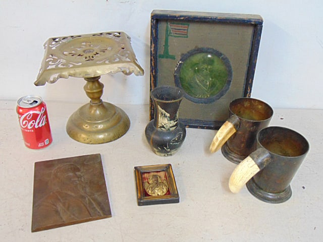 Box lot, Glass relief of Grant, brass stand, two silver plated cups with horn handles, small paint (1 of 7)