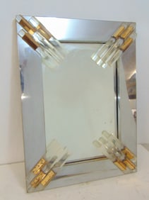 Mid Century chrome framed mirror with Lucite corner decorations, mirror is 32.25" by 24", metal part