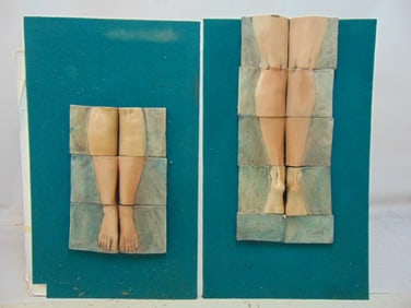 Two tile collages, legs & feet, signed R. Sunying 023003 (Surning ? see images for signature), 6 til