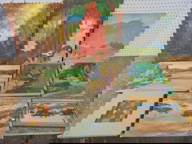 9 paintings, portraits, landscapes, folk art, abstract, various sizes, several signed, thjopugh illi