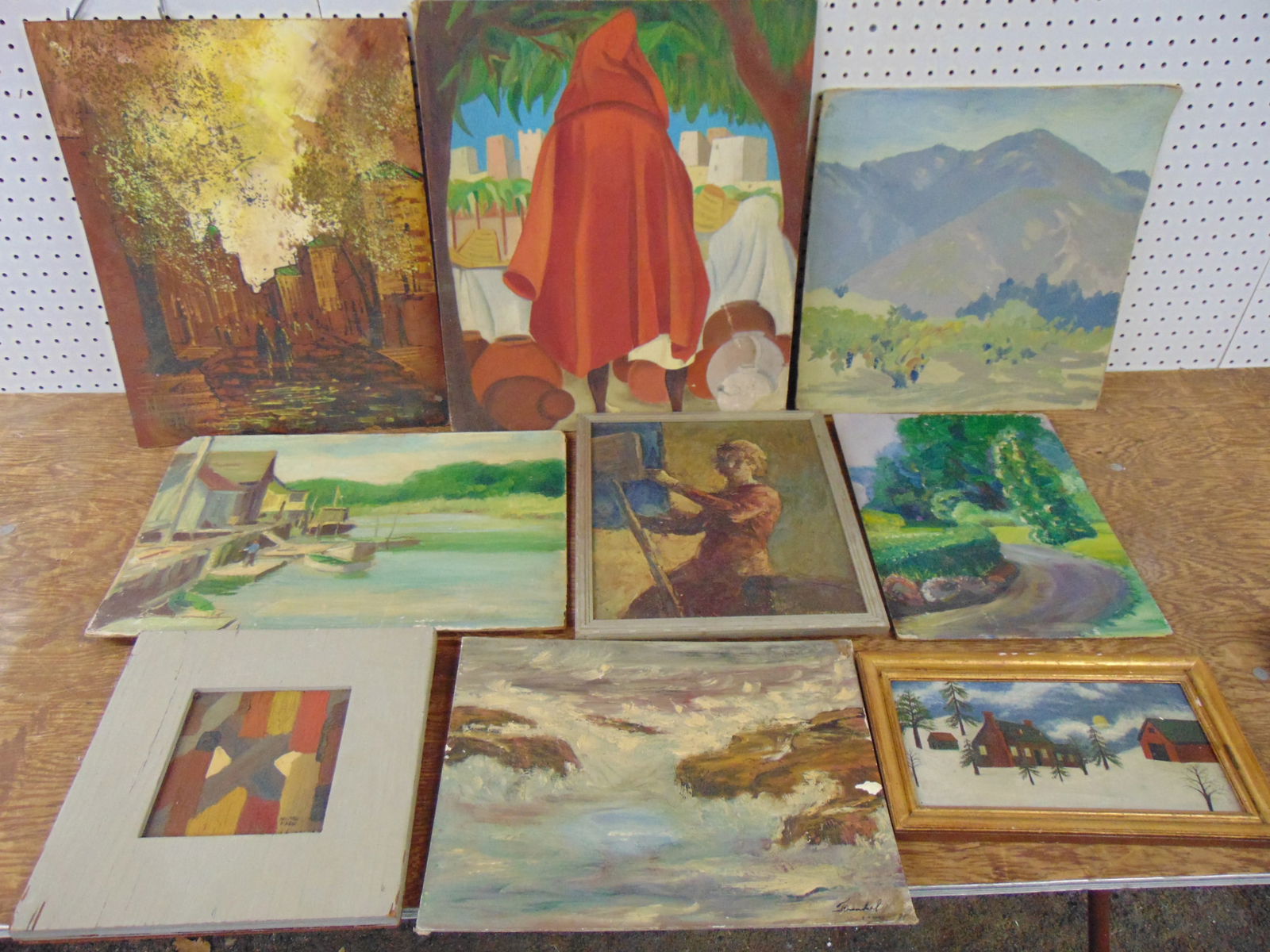 9 paintings, portraits, landscapes, folk art, abstract, various sizes, several signed, thjopugh illi (1 of 14)