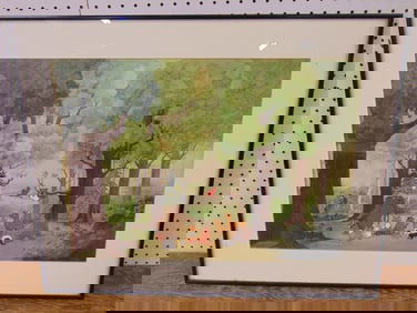 Large framed cartoon cell, various animals, bear, skunk, deer, raccoons & birds in woods, 17.5" by 2