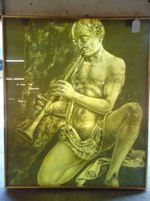 Large eglomise style print (lithograph ? unsure) on green glass, figure playing horn, in brass frame