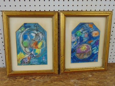 2 paintings, balloons & animals, signed Rudy, manner of Chagall, 10" by 7" (art only), total size is