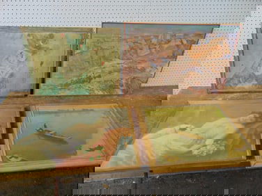 4 paintings, western mountain landscape, figure in boat, reclining lady & Jester