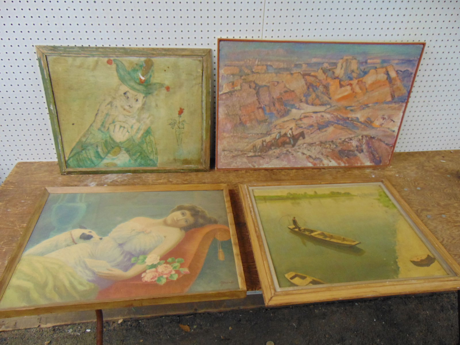 4 paintings, western mountain landscape, figure in boat, reclining lady & Jester (1 of 15)