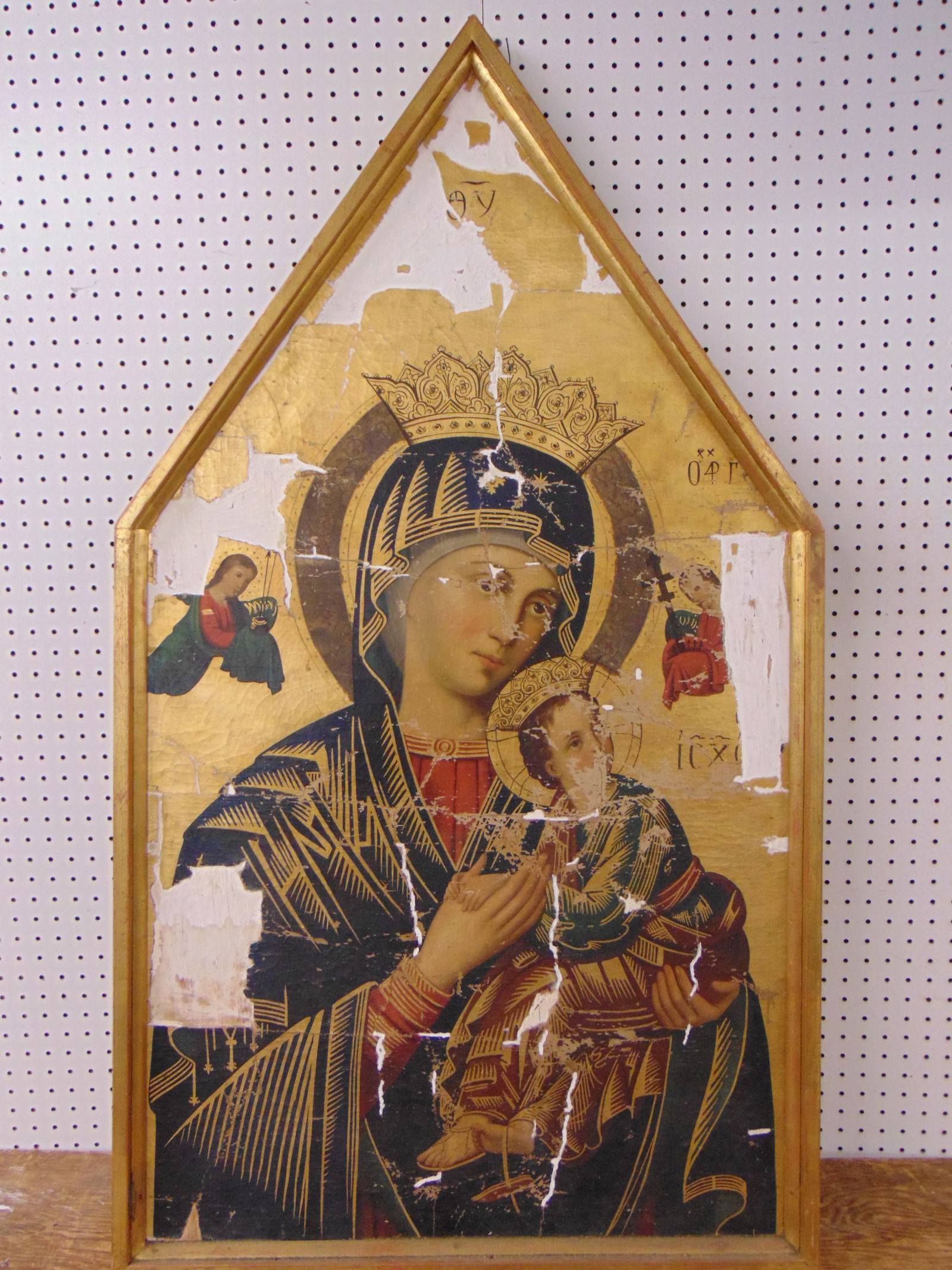 Large religious painting, Madonna & child, partially restored, has loss (1 of 6)