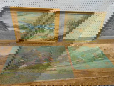 4 paintings, frog on Lilly pad, signed illegibly, 16" by 19.5"; winter landscape with houses, signed