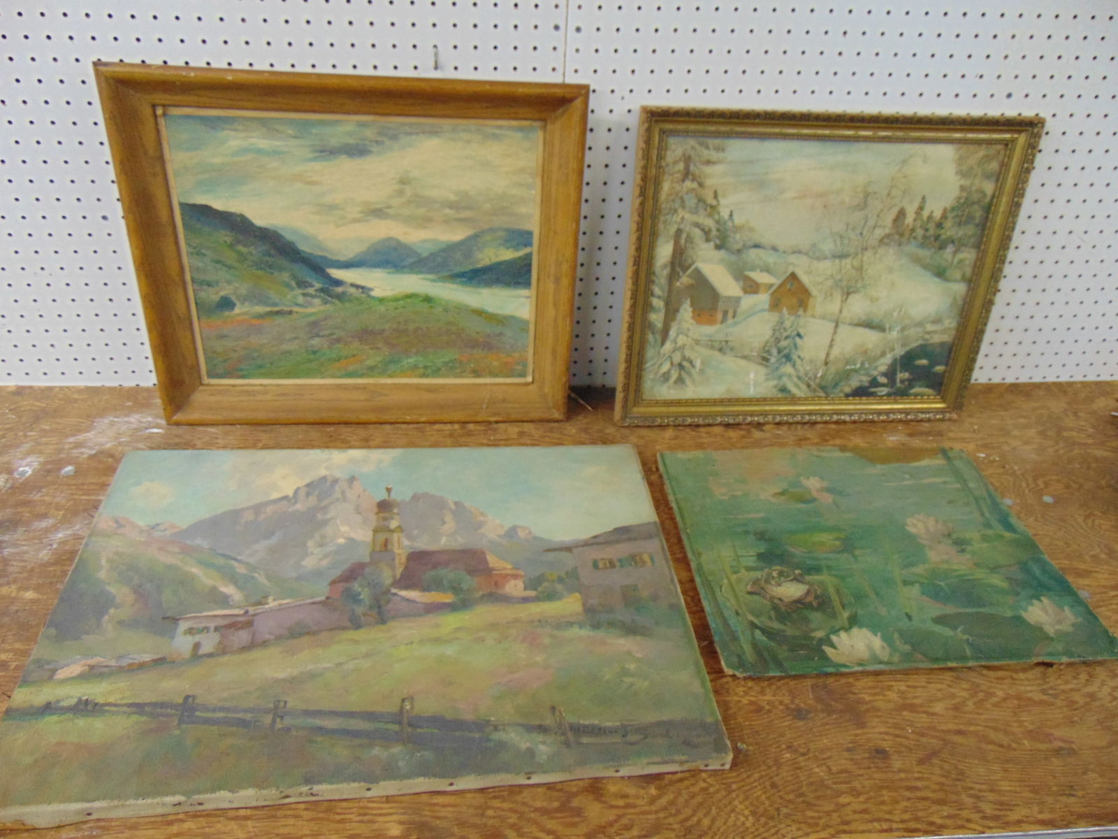 4 paintings, frog on Lilly pad, signed illegibly, 16" by 19.5"; winter landscape with houses, signed (1 of 13)