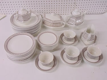 Partial set of Adams "Sharon" dinnerware, includes 4 cups with 11 saucers, gravy boat, tea pot, suga