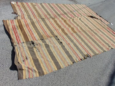 2 striped flatweave panels, 11'5" by 5'8" each, worn, several holes, loss, as found.