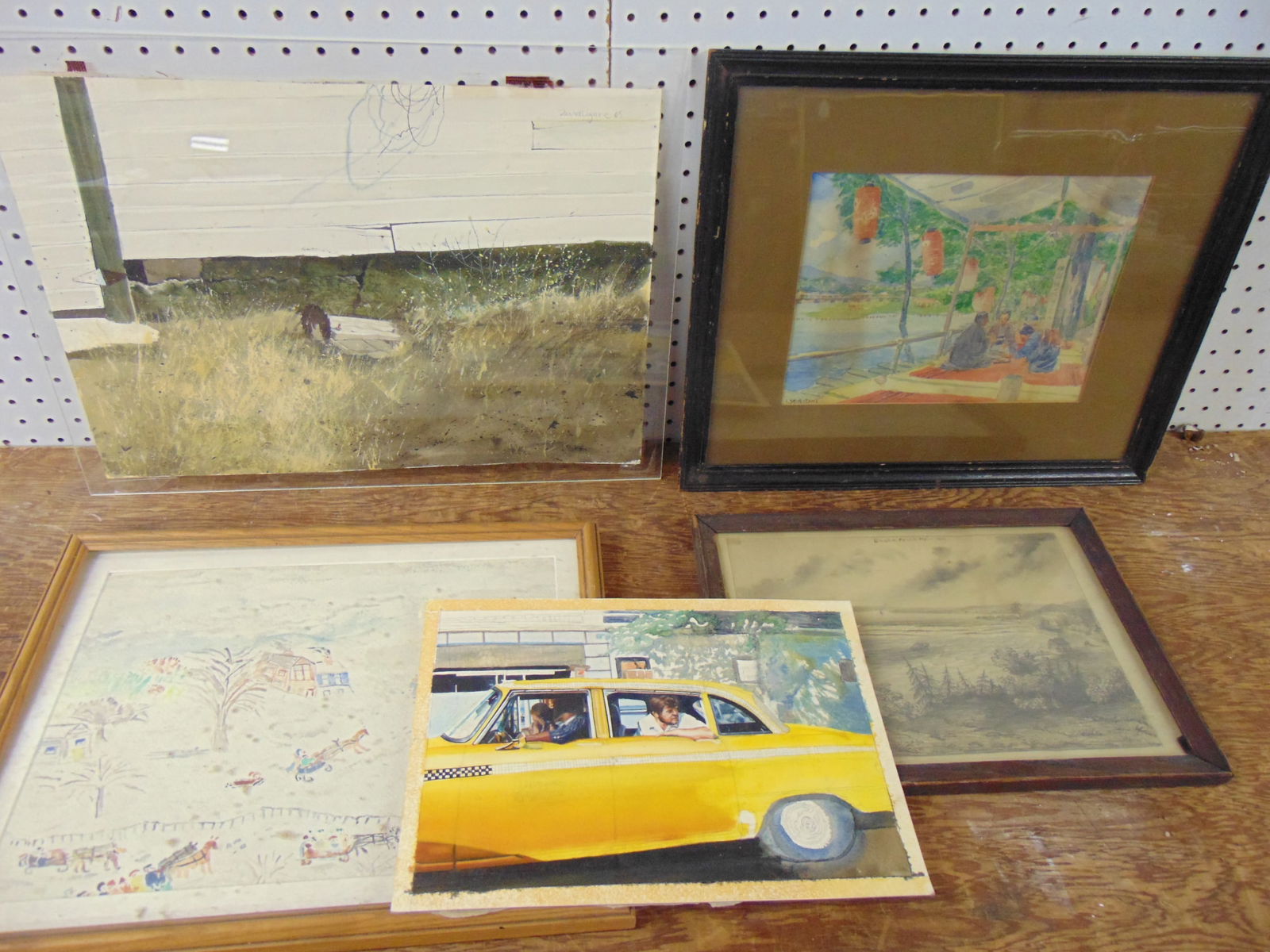 Art lot, David Ligare watercolor, side of house, 14" by 20"; Japanese watercolor, figures seated, si (1 of 14)