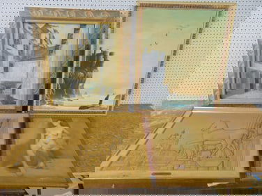 Art lot, figure looking at castle on rock, nude study, Constantine's Golden Horses