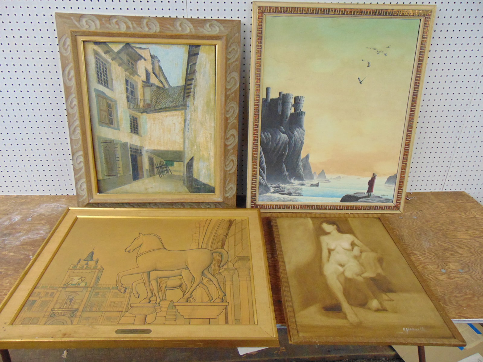 Art lot, figure looking at castle on rock, nude study, Constantine's Golden Horses: Art lot, figure looking at castle on rock, oil on canvasboard, signed C. Hartline; drawing, "Constantine's Golden Horses, Venice", signed Klug 1963; building, alley, signed Liliane Le Faure & oil on c