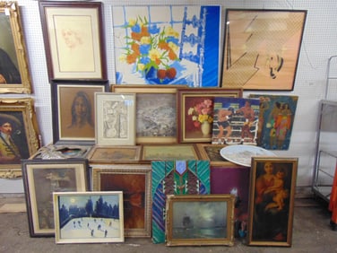 Large lot of art, includes oils, watercolors, etchings & prints, various subjects, 20 plus pc