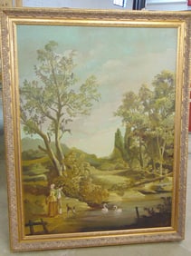 Painting, figures with dog by pond with swans, signed Rovatti, oil on canvas, 48" by 36"