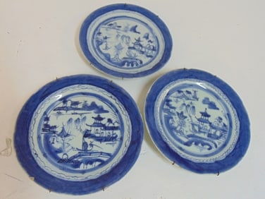 3 blue & white Chinese Canton plates, various temple designs, 2 plates have chips, 9.5" & 10" in