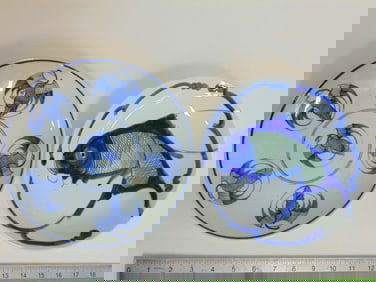 Two porcelain Chinese plates, bowls, one with fish design, other with bird design, diameter is 9"