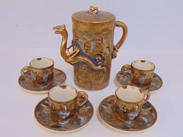 Royal Satsuma tea set, teapot & 4 cups & saucers, one cup as is, tea pot is 7.25" tall