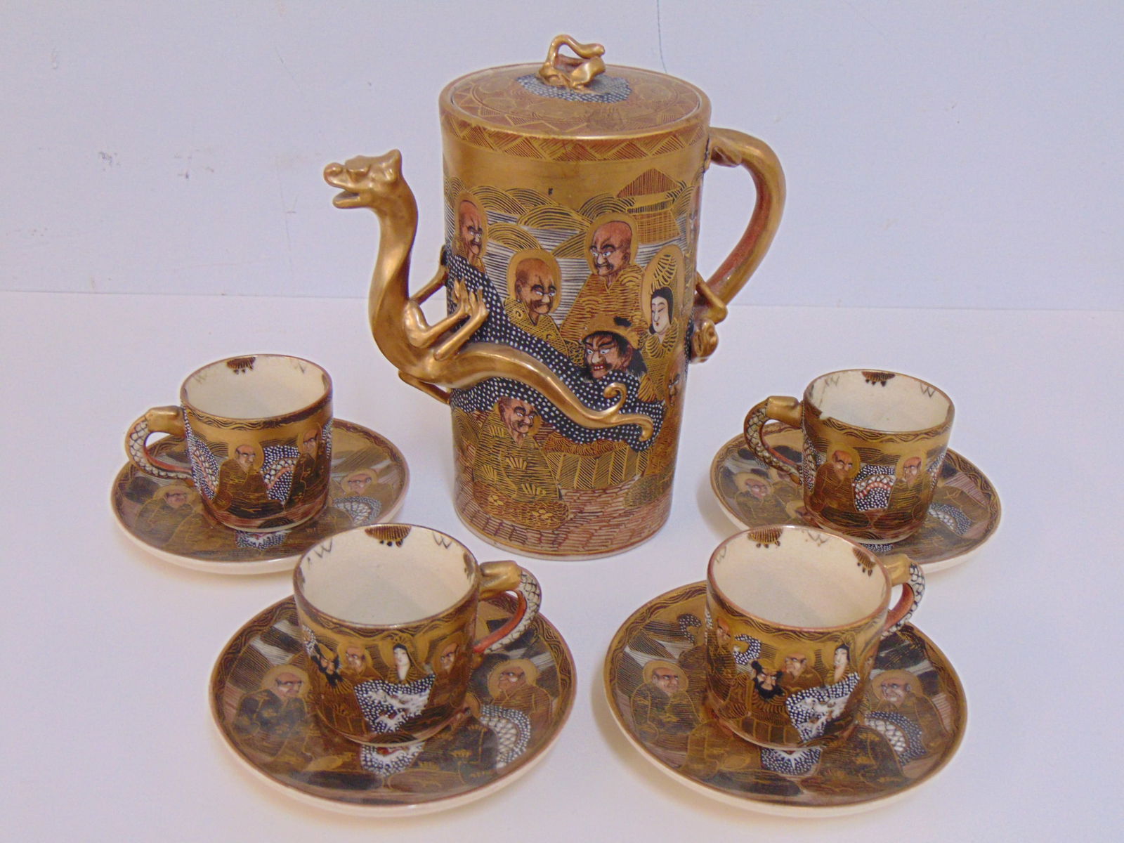 Royal Satsuma tea set, teapot & 4 cups & saucers, one cup as is, tea pot is 7.25" tall (1 of 9)