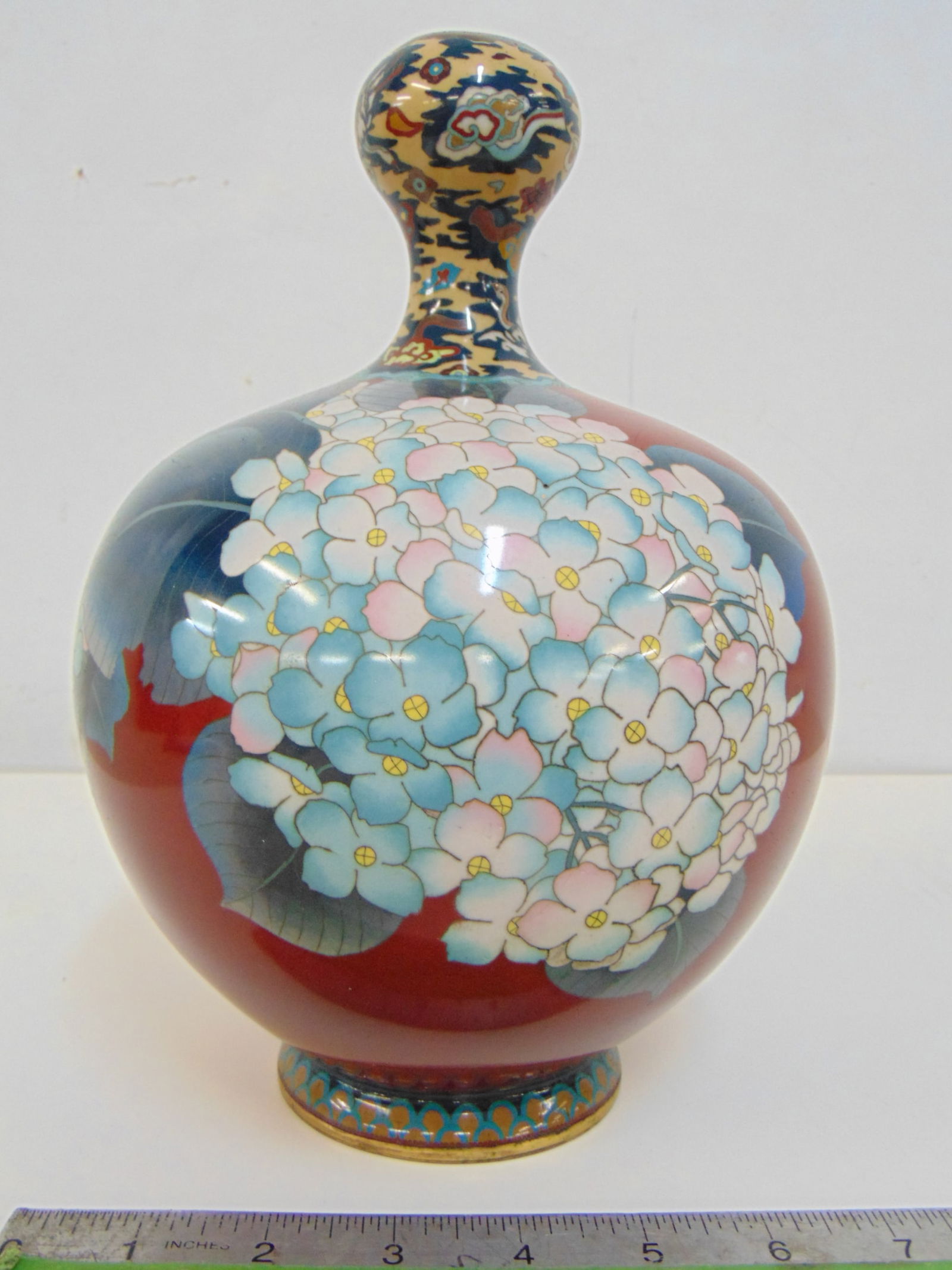 Cloisonne floral decorated vase, signed, vase is 10" tall, good condition. (1 of 6)