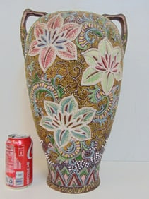 Large Japanese Moriage vase with floral pattern & two handles, 17" tall.