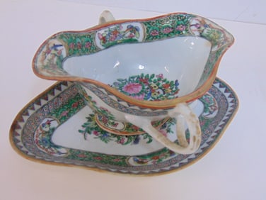 Rose Vertes Chinese gravy bowl with underplate, underplate is 9.75" by 6.5", height as shown is 4