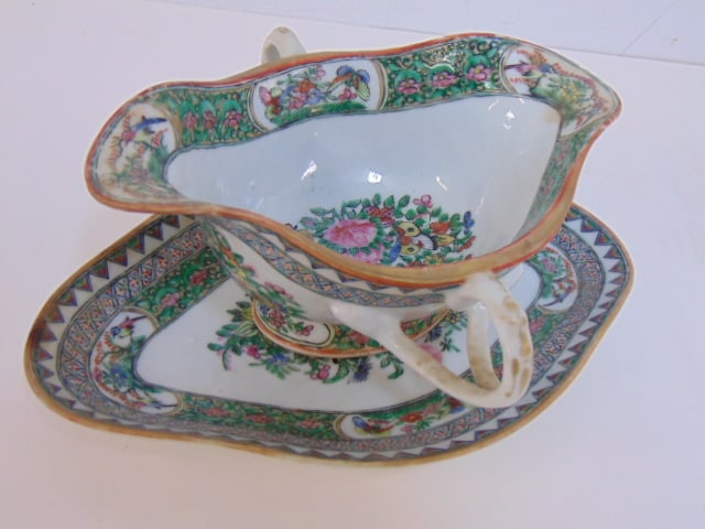 Rose Vertes Chinese gravy bowl with underplate, underplate is 9.75" by 6.5", height as shown is 4: Rose Vertes Chinese gravy bowl with underplate, underplate is 9.75" by 6.5", height as shown is 4 1/8"