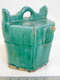 Chinese green glazed teapot, chip on handle, lid repaired, 6 sided, 8.25" tall, 7,5" wide, 8" deep