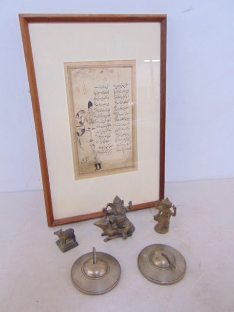 Persian & Indian lot, Tibet hand cymbals, 3 small bronzes & framed document with text, 14.5" by 9.5" (1 of 7)