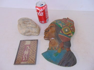 3 pieces Mesoamerican, small needlework panel, 5" by 4", carved stone carving & wood carved relief