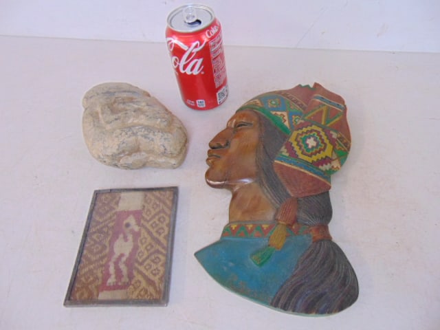 3 pieces Mesoamerican, small needlework panel, 5" by 4", carved stone carving & wood carved relief (1 of 6)