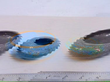 2 small cloisonne, champleve bowls, in blue, large bowl is 4.5", smaller bowl is 3.25"
