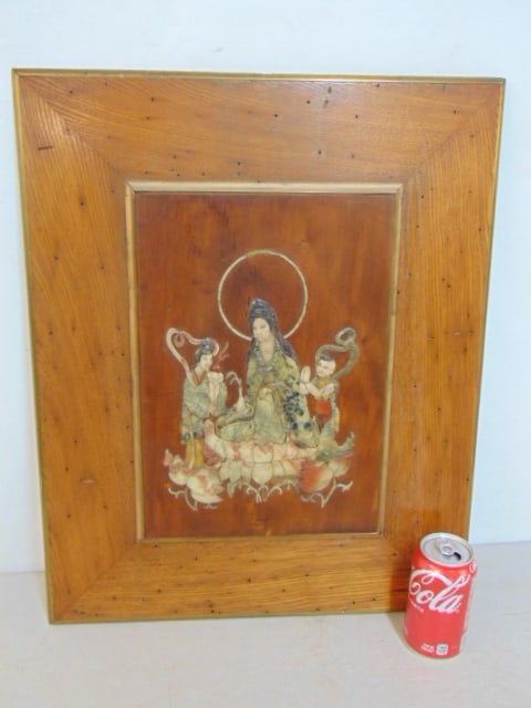 Chinese wood panel decorated with hardstone, jade figures, 22.5" by 18.25" (1 of 5)