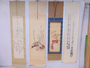 4 Japanese scrolls, on in wood case, scroll in case shows flowers, scroll is 80" long, 21.75" wide